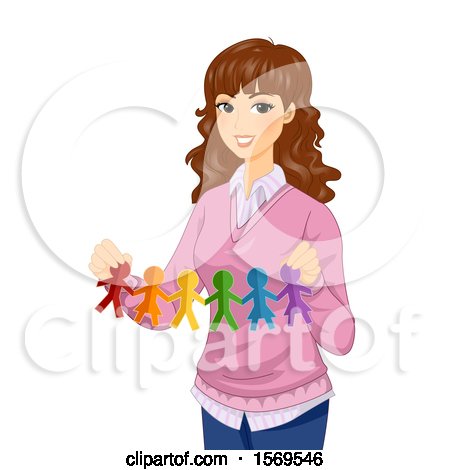 Clipart of a Female Teacher Holding Colorful Cut out Paper Dolls As Support for LGBTQ - Royalty Free Vector Illustration by BNP Design Studio