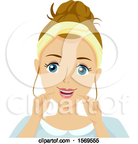 Clipart of a Teen Girl with Braces, Flossing Her Teeth - Royalty Free Vector Illustration by BNP Design Studio