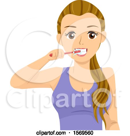 Clipart of a Teen Girl Brushing Her Teeth - Royalty Free Vector Illustration by BNP Design Studio