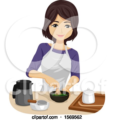 Clipart of a Teen Girl Making Matcha Green Tea - Royalty Free Vector Illustration by BNP Design Studio