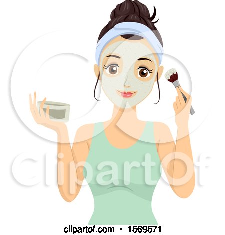 Clipart of a Teen Girl Applying a Face Mask with a Brush - Royalty Free Vector Illustration by BNP Design Studio