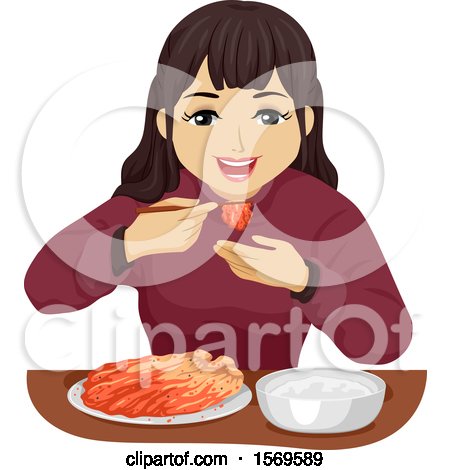 Clipart of a Teen Girl Eating Kimchi with Chopsticks - Royalty Free Vector Illustration by BNP Design Studio