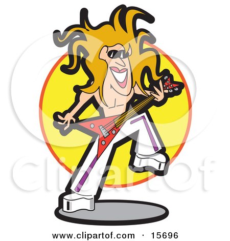 Shirtless Blond Male Rocker With Blond Hair, Playing A Guitar And Dancing On Stage During A Music Concert Clipart Illustration by Andy Nortnik