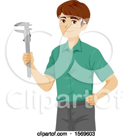 Clipart of a Teen Guy Wearing Goggles and Holding a Caliper - Royalty Free Vector Illustration by BNP Design Studio