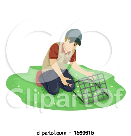 Clipart of a Teen Guy Botanist Collecting Samples Using the Quadrant Method - Royalty Free Vector Illustration by BNP Design Studio