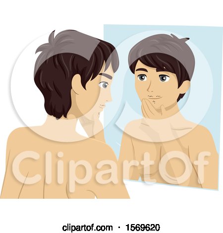 Clipart of a Teen Guy Looking a Facial Hair Growth in the Mirror - Royalty Free Vector Illustration by BNP Design Studio