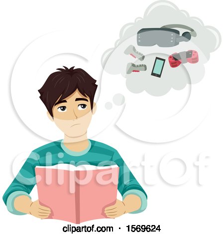 Clipart of a Teen Guy Thinking About Gaming While Reading a Book - Royalty Free Vector Illustration by BNP Design Studio