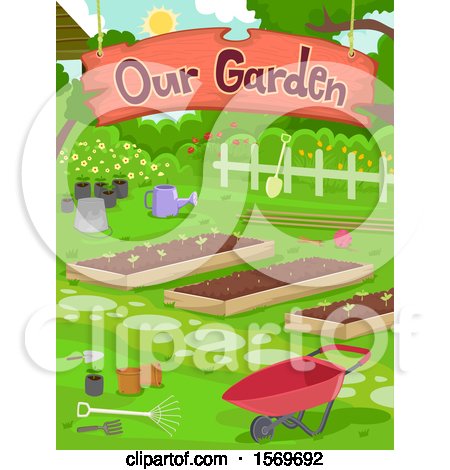 Clipart of a Garden with a Hanging Sign - Royalty Free Vector Illustration by BNP Design Studio