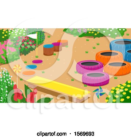 Clipart of a Bench and Colorful Tires and Stumps in a Garden - Royalty Free Vector Illustration by BNP Design Studio