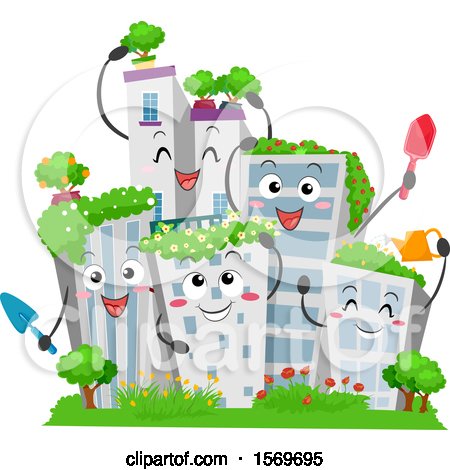 Clipart of Building Characters with Green Garden Roof Tops - Royalty Free Vector Illustration by BNP Design Studio