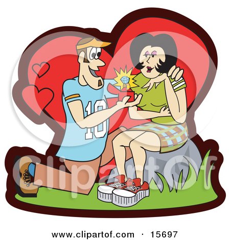 Man Kneeling While Popping The Marriage Proposal Question To His Girlfriend And Showing Her A Big Diamond Ring Clipart Illustration by Andy Nortnik