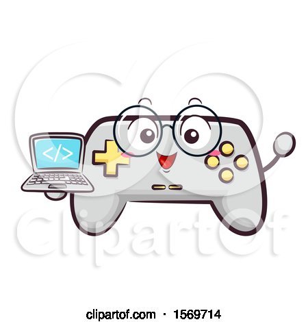 Clipart of a Video Game Controller Mascot Character Holding a Laptop with Html Code - Royalty Free Vector Illustration by BNP Design Studio