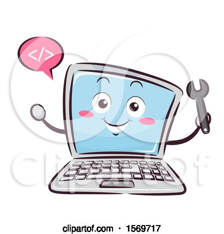 Clipart of a Laptop Mascot Character Holding a Wrench and Talking Html Coding - Royalty Free Vector Illustration by BNP Design Studio