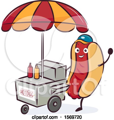 Clipart of a Hot Dog Mascot Character at a Cart - Royalty Free Vector Illustration by BNP Design Studio