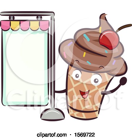 Clipart of a Chocolate Ice Cream Cone Mascot Character with a Blank Sign - Royalty Free Vector Illustration by BNP Design Studio