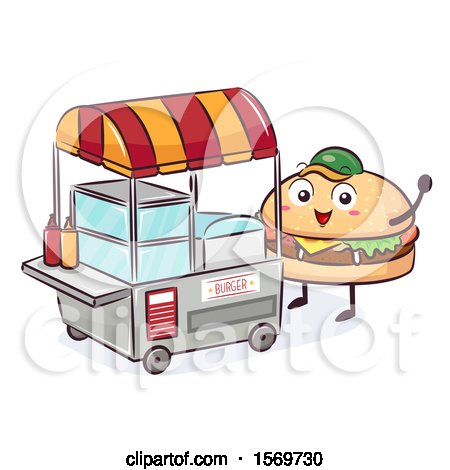 Clipart of a Cheeseburger Mascot Character at a Food Cart - Royalty Free Vector Illustration by BNP Design Studio