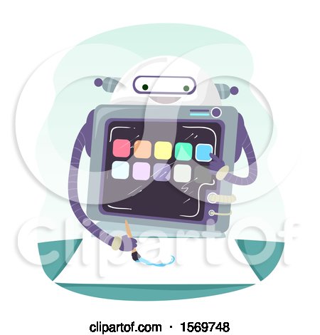 Clipart of a Robot Holding a Paintbrush Painting Using Digital Ink - Royalty Free Vector Illustration by BNP Design Studio