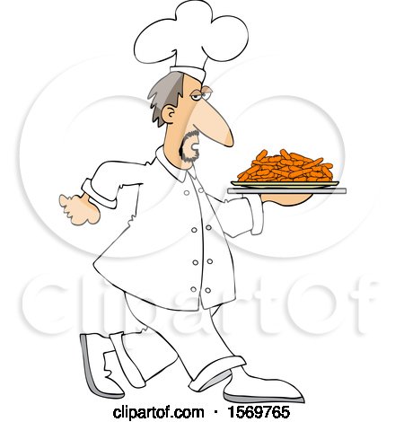Clipart of a White Male Chef Walking with a Platter of Carrots - Royalty Free Vector Illustration by djart