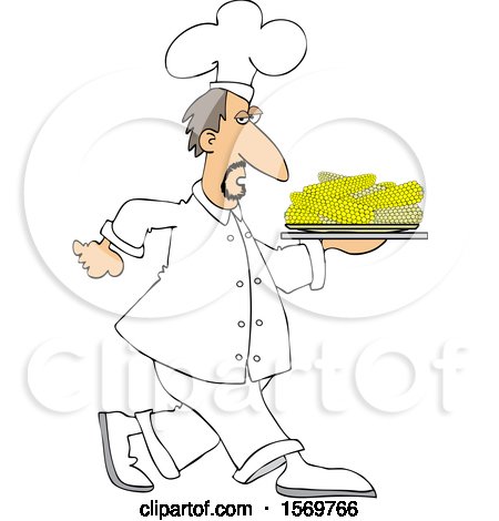 Clipart of a White Male Chef Walking with a Platter of Corn on the Cob - Royalty Free Vector Illustration by djart