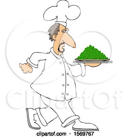 Clipart of a White Male Chef Walking with a Platter of Peas - Royalty Free Vector Illustration by djart