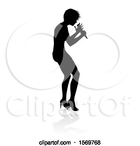 Clipart of a Silhouetted Female Singer with a Reflection or Shadow, on a White Background - Royalty Free Vector Illustration by AtStockIllustration