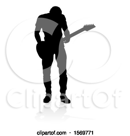 Clipart of a Silhouetted Male Guitarist, with a Reflection or Shadow, on a White Background - Royalty Free Vector Illustration by AtStockIllustration
