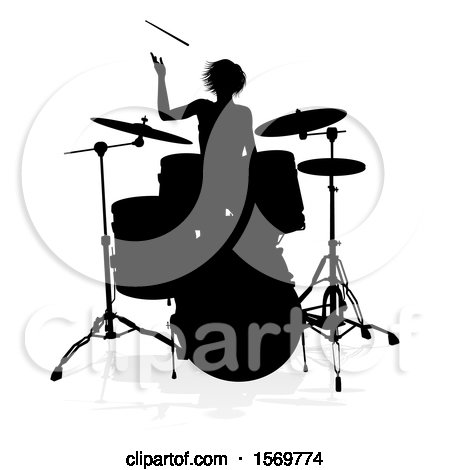 Clipart of a Silhouetted Female Drummer, with a Reflection or Shadow, on a White Background - Royalty Free Vector Illustration by AtStockIllustration