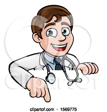 Clipart of a Cartoon Friendly Brunette White Male Doctor Pointing down over a Sign - Royalty Free Vector Illustration by AtStockIllustration