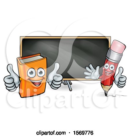 Clipart of a Cartoon Red Pencil and Orange Book in Front of a Blackboard - Royalty Free Vector Illustration by AtStockIllustration