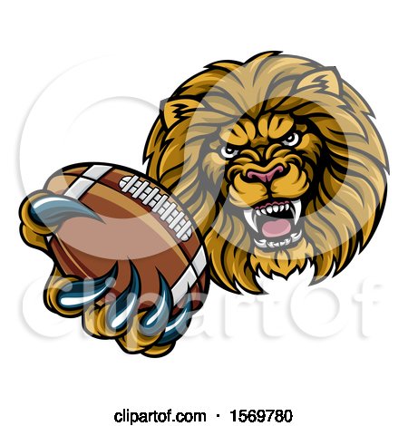 Clipart of a Tough Lion Monster Mascot Holding out an American Football in One Clawed Paw - Royalty Free Vector Illustration by AtStockIllustration