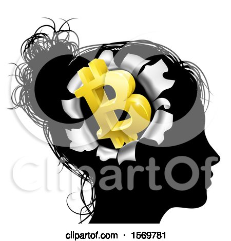 Clipart of a Black Silhouetted Woman's Head with a 3d Gold Bitcoin Symbol Breaking Out, Thinking About Money - Royalty Free Vector Illustration by AtStockIllustration