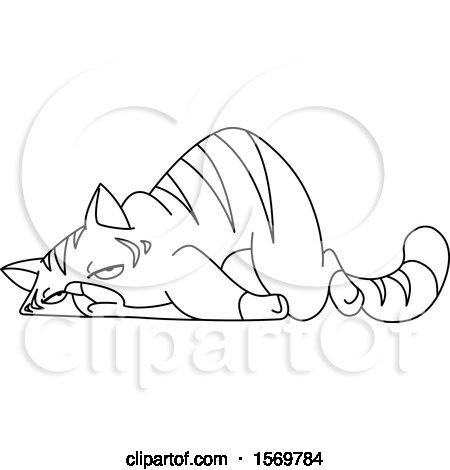 Clipart of a Lineart Exhausted Tabby Cat - Royalty Free Vector Illustration by yayayoyo