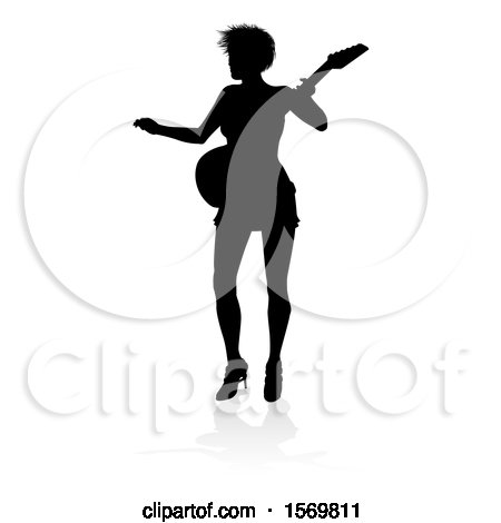 Clipart of a Silhouetted Female Guitarist, with a Reflection or Shadow, on a White Background - Royalty Free Vector Illustration by AtStockIllustration