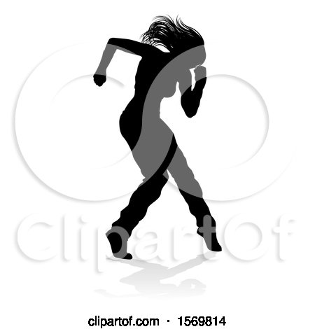 Clipart of a Silhouetted Female Hip Hop Dancer with a Reflection or Shadow, on a White Background - Royalty Free Vector Illustration by AtStockIllustration