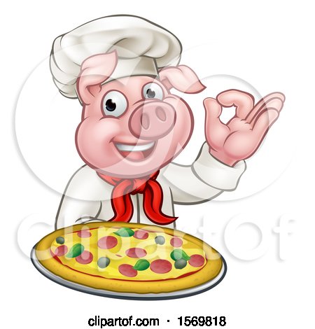 Clipart of a Chef Pig Holding a Pizza and Gesturing Perfect - Royalty Free Vector Illustration by AtStockIllustration