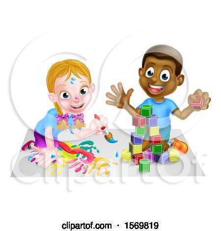 Clipart of a Happy Black Boy Playing with Blocks and White Girl Painting - Royalty Free Vector Illustration by AtStockIllustration