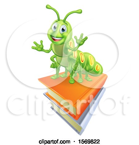 Clipart of a Happy Green Caterpillar on Books - Royalty Free Vector Illustration by AtStockIllustration