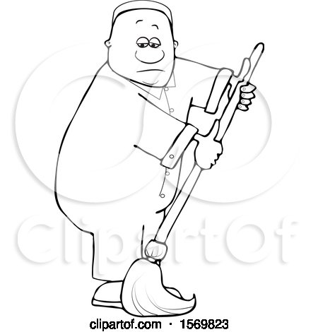 Clipart of a Cartoon Lineart Black Male Custodian Janitor Mopping - Royalty Free Vector Illustration by djart