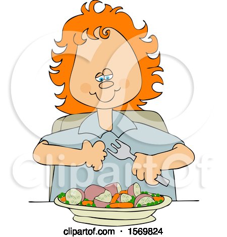Clipart of a Cartoon Red Haired White Girl Eating a Veggie Meal of Carrots, Peas and Potatoes - Royalty Free Vector Illustration by djart