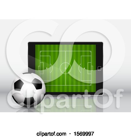Clipart of a 3d Soccer Ball Against a Tablet with a Pitch on the Screen - Royalty Free Vector Illustration by KJ Pargeter