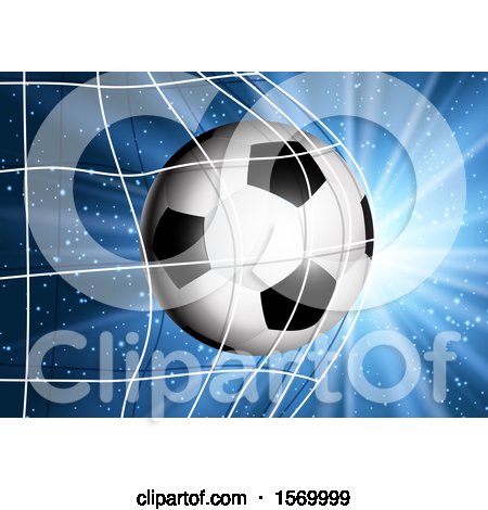 Clipart of a 3d Soccer Ball Flying into a Goal Net - Royalty Free Vector Illustration by KJ Pargeter