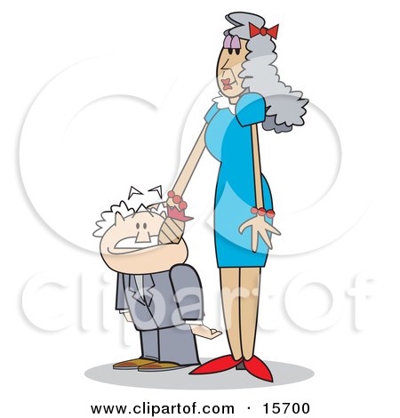 Tall and Slender Senior Woman Patting Her Short Husband's Head Clipart Illustration by Andy Nortnik