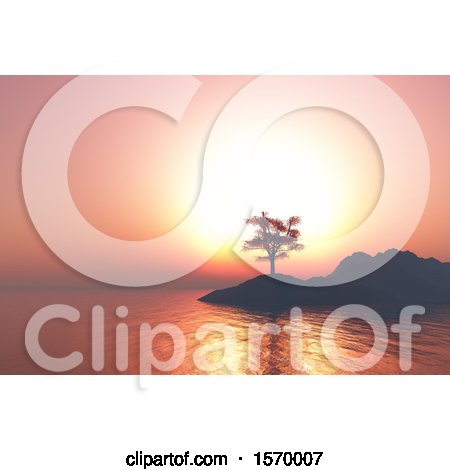 Clipart of a 3d Silhouetted Island with a Tree at Sunset - Royalty Free Illustration by KJ Pargeter