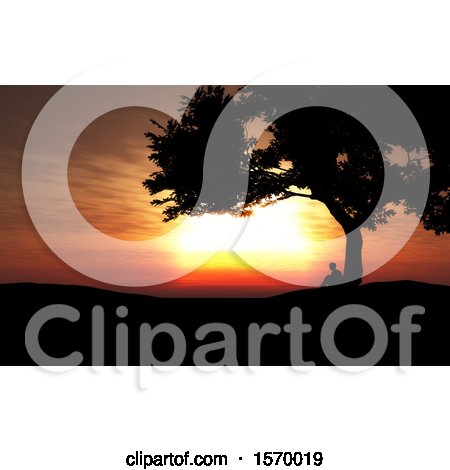 Clipart of a 3d Silhouetted Boy Sitting Under a Tree Against a Sunset - Royalty Free Illustration by KJ Pargeter