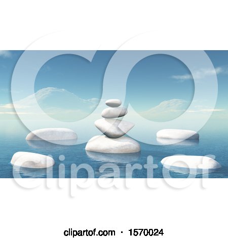Clipart of a Background of 3d Zen Balanced Rocks and an Ocean Landscpe - Royalty Free Illustration by KJ Pargeter