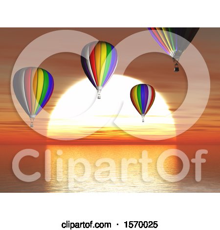 Clipart of a 3d Ocean Sunset with Hot Air Balloons - Royalty Free Illustration by KJ Pargeter