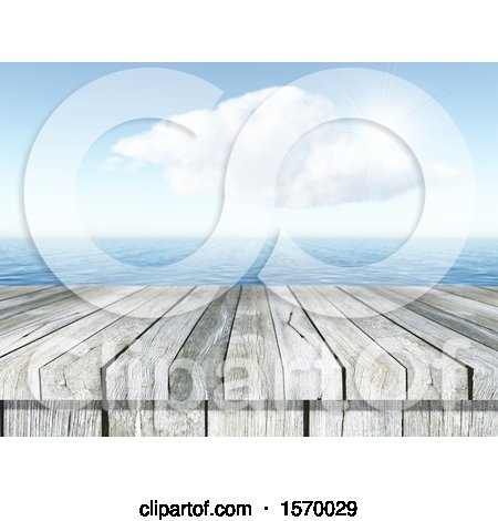 Clipart of a 3d Wood Surface over the Ocean - Royalty Free Illustration by KJ Pargeter