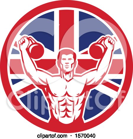 Clipart of a Retro Male Bodybuilder Working out with Kettlebells in a Union Jack Flag Circle - Royalty Free Vector Illustration by patrimonio