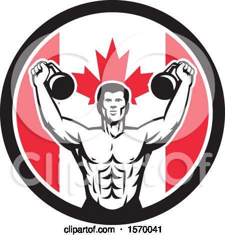 Clipart of a Retro Male Bodybuilder Working out with Kettlebells in a Canadian Flag Circle - Royalty Free Vector Illustration by patrimonio