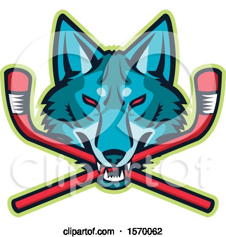 Clipart of a Sports Mascot of a Coyote or Wolf Head Biting Crossed Hockey Sticks - Royalty Free Vector Illustration by patrimonio